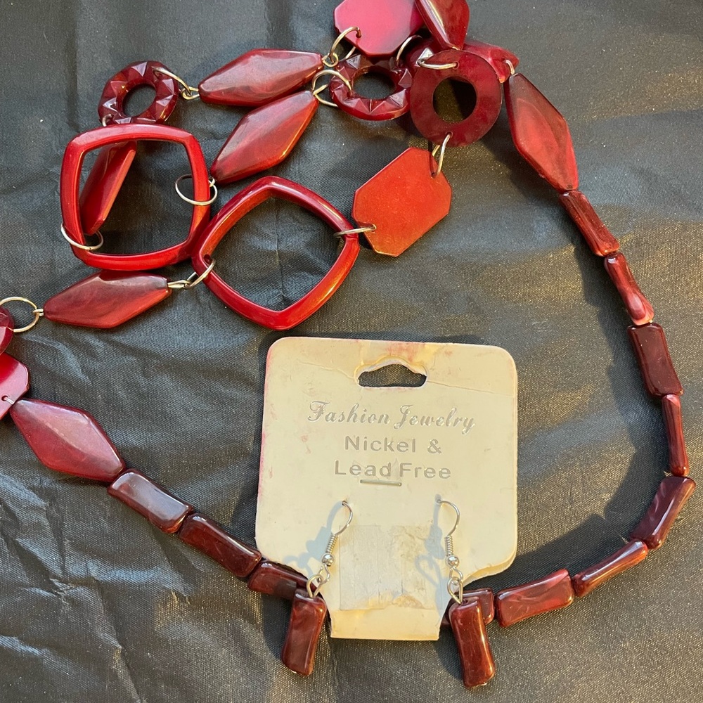 Red Geometric Necklace and Earring Set